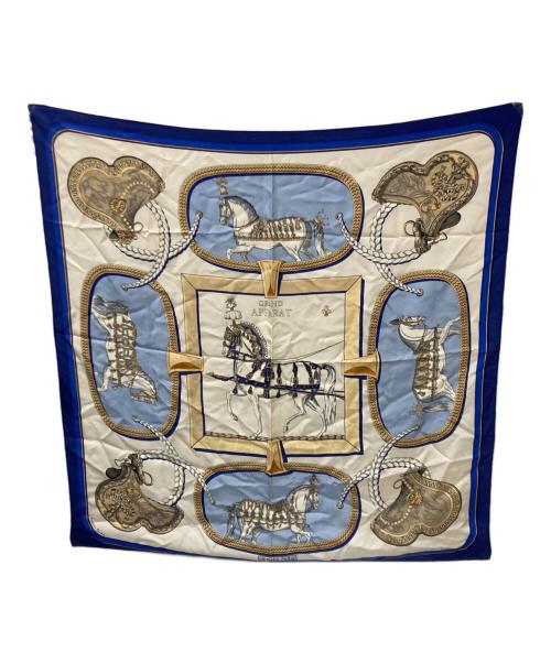 HERMES（エルメス）HERMES (エルメス) グラン・アパラ・盛装の馬 カレ90 スカーフ ホワイト×ブルー サイズ:不明(実寸サイズをご確認ください)の古着・服飾アイテム