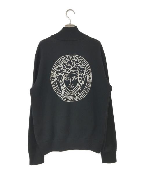 VERSACE（ヴェルサーチェ）VERSACE (ヴェルサーチ) ウール バックメデューサ ロゴ ジップアップ ニット ジャケット ブラック サイズ:50の古着・服飾アイテム