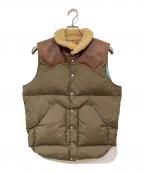 Rocky Mountain FeatherBedロッキーマウンテンフェザーベッド）の古着「レザー切替ダウンベスト」｜ブラウン×スカイブルー