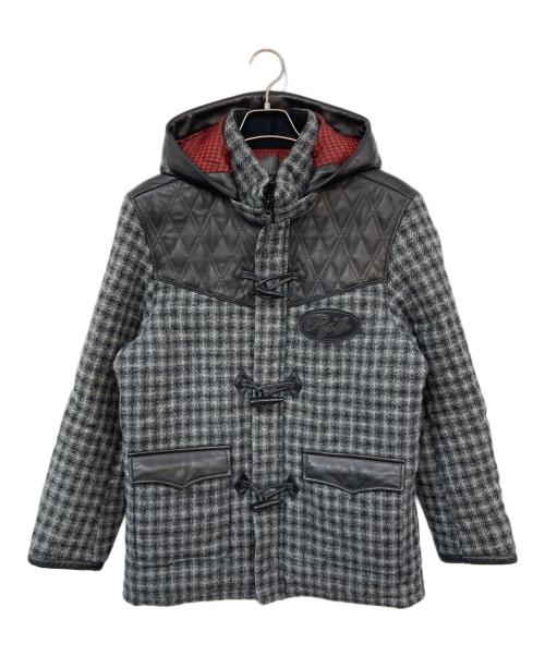 FLAT HEAD（フラット ヘッド）FLAT HEAD (フラット ヘッド) R.J.B (アールジェイビー) Harris Tweed (ハリスツイード) レザー切替ダッフルコート ブラック サイズ:40の古着・服飾アイテム