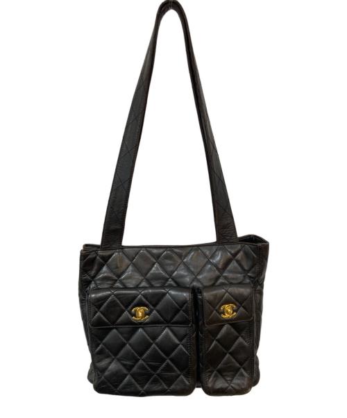 CHANEL（シャネル）CHANEL (シャネル) ラムスキンダブルポケットトートバッグ ブラックの古着・服飾アイテム