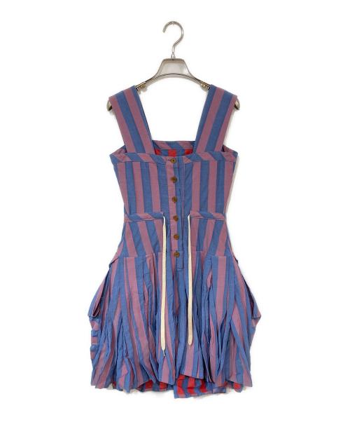 Vivienne Westwood（ヴィヴィアンウエストウッド）Vivienne Westwood (ヴィヴィアンウエストウッド) ストライプフレアワンピース ブルー×レッド サイズ:38の古着・服飾アイテム