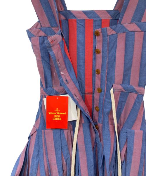 Vivienne Westwood（ヴィヴィアンウエストウッド）Vivienne Westwood (ヴィヴィアンウエストウッド) ストライプフレアワンピース ブルー×レッド サイズ:38の古着・服飾アイテム