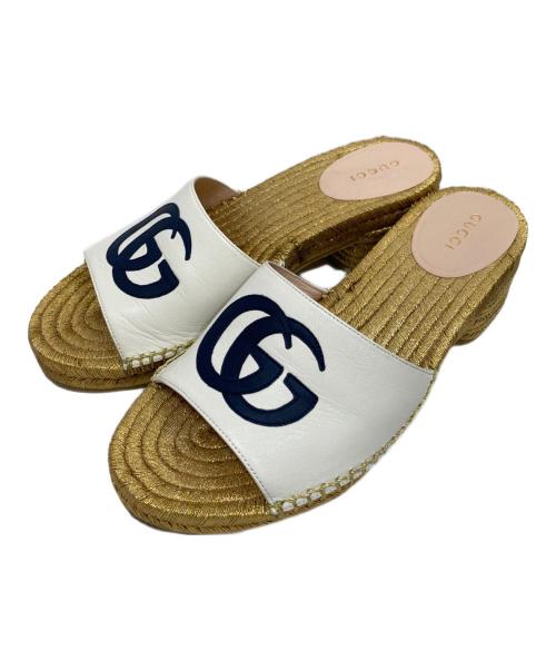 GUCCI（グッチ）GUCCI (グッチ) White lether GG Espadrille Block Heel Slide Sandals/ホワイト レザー GG エスパドリーユ ブロック ヒール スライド サンダル ゴールド サイズ:SIZE 36の古着・服飾アイテム
