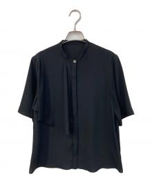 icB（アイシービー）の古着「BackSatinAmunzen/バックサテンアムンゼン  5分袖ラッフルデザインブラウス」｜ブラック