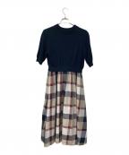 BLUE LABEL CRESTBRIDGEブルーレーベルクレストブリッジ）の古着「チェックドレープツイル ニットコンビマキシワンピース」｜ネイビー