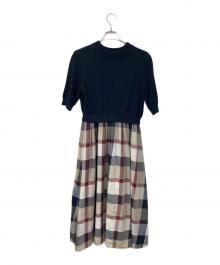 BLUE LABEL CRESTBRIDGE（ブルーレーベルクレストブリッジ）の古着「チェックドレープツイル ニットコンビマキシワンピース」｜ネイビー