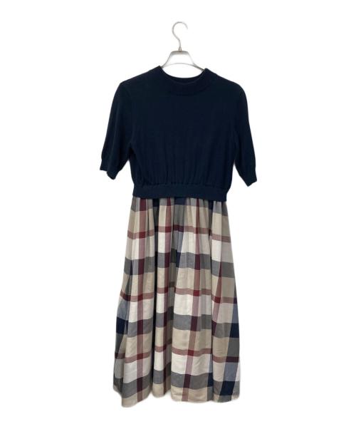BLUE LABEL CRESTBRIDGE（ブルーレーベルクレストブリッジ）BLUE LABEL CRESTBRIDGE (ブルーレーベルクレストブリッジ) チェックドレープツイル ニットコンビマキシワンピース ネイビー サイズ:38の古着・服飾アイテム