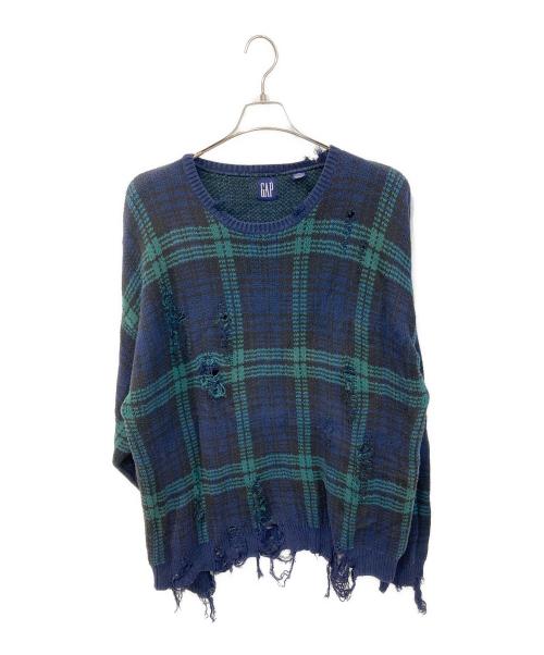 OLD GAP（オールドギャップ）OLD GAP (オールドギャップ) クラッシュチェックニット ネイビー×グリーン サイズ:XLの古着・服飾アイテム