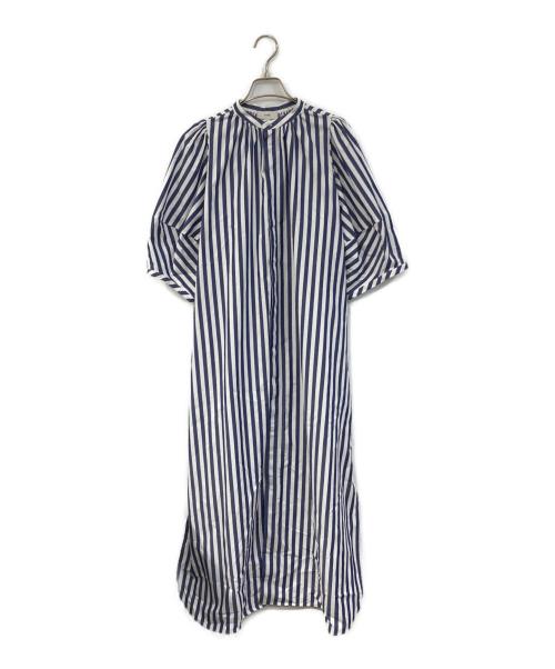 HYKE（ハイク）HYKE (ハイク) T C STRIPED BALLOON SLEEVE DRESS/T C ストライプバルーンスリーブドレス ブルー×ホワイト サイズ:SIZE Mの古着・服飾アイテム