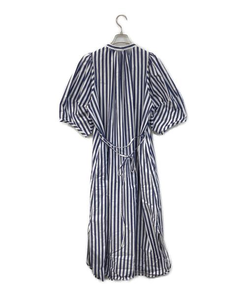 HYKE（ハイク）HYKE (ハイク) T C STRIPED BALLOON SLEEVE DRESS/T C ストライプバルーンスリーブドレス ブルー×ホワイト サイズ:SIZE Mの古着・服飾アイテム