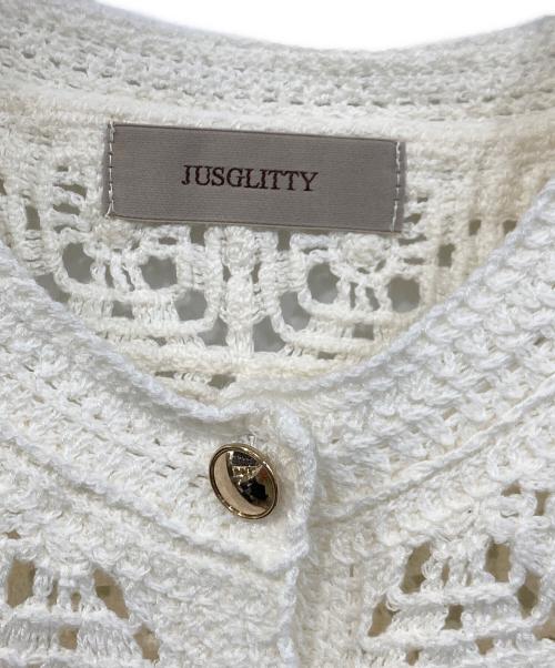 JUSGLITTY（ジャスグリッティー）JUSGLITTY (ジャスグリッティー) 柄編みハーフスリーブニットジャケット ホワイト サイズ:SIZE 2の古着・服飾アイテム
