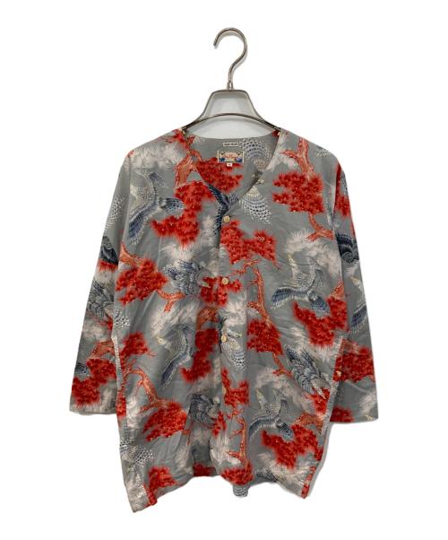 Dry Bones（ドライボーンズ）Dry Bones (ドライボーンズ) 7分袖ノーカラーシャツ グレー×レッド サイズ:SIZE Mの古着・服飾アイテム