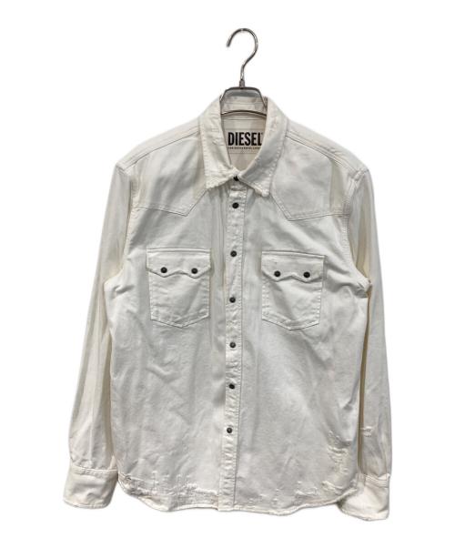 DIESEL（ディーゼル）DIESEL (ディーゼル) ダメージ加工ウエスタンシャツ ホワイト サイズ:SIZE XLの古着・服飾アイテム