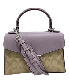COACH（コーチ）の古着「コーティングキャンバス ぺブルレザー シグネチャー サッチェル 2WAY ショルダーバッグ」｜パープル×ベージュ