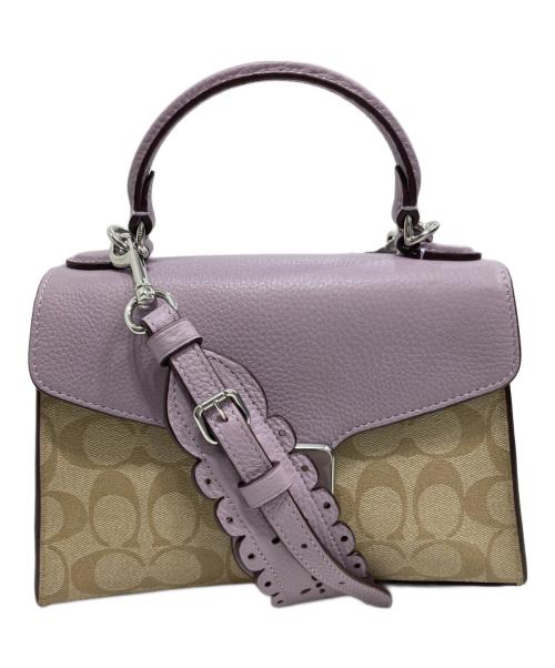 COACH（コーチ）COACH (コーチ) コーティングキャンバス ぺブルレザー シグネチャー サッチェル 2WAY ショルダーバッグ パープル×ベージュの古着・服飾アイテム