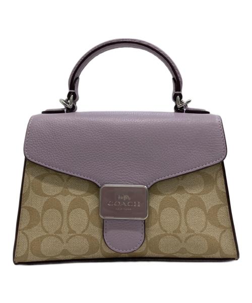 COACH（コーチ）COACH (コーチ) コーティングキャンバス ぺブルレザー シグネチャー サッチェル 2WAY ショルダーバッグ パープル×ベージュの古着・服飾アイテム
