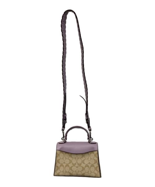 COACH（コーチ）COACH (コーチ) コーティングキャンバス ぺブルレザー シグネチャー サッチェル 2WAY ショルダーバッグ パープル×ベージュの古着・服飾アイテム