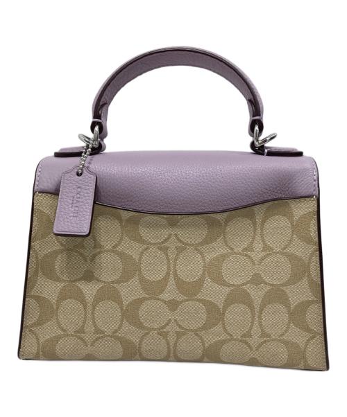COACH（コーチ）COACH (コーチ) コーティングキャンバス ぺブルレザー シグネチャー サッチェル 2WAY ショルダーバッグ パープル×ベージュの古着・服飾アイテム