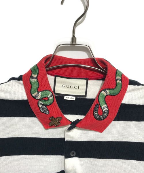 GUCCI（グッチ）GUCCI (グッチ) スネークエンブロイダリー半袖ポロシャツ ホワイト×ブラック サイズ:Lの古着・服飾アイテム