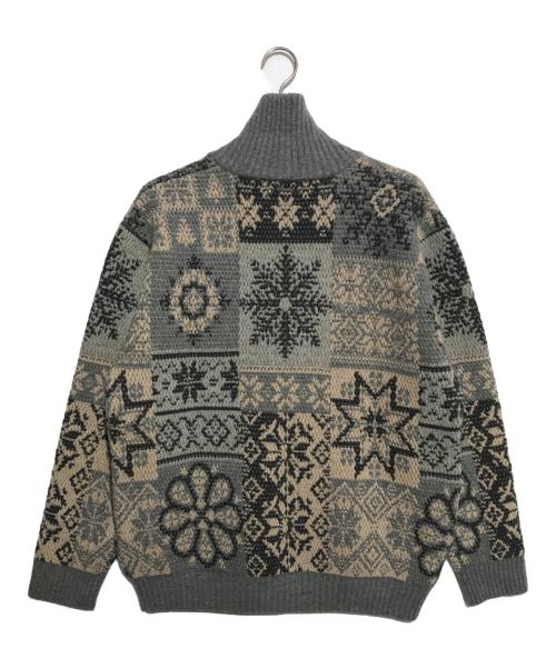 BEAMS（ビームス）BEAMS (ビームス) Zip Cardigan Double Jacquard Patchwork Like Pattern グレー サイズ:XLの古着・服飾アイテム