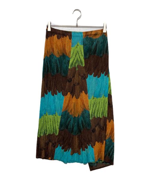 PLEATS PLEASE（プリーツプリーズ）PLEATS PLEASE (プリーツプリーズ) フェザーマルチカラープリーツラップスカート ブラウン×ブルー サイズ:5の古着・服飾アイテム
