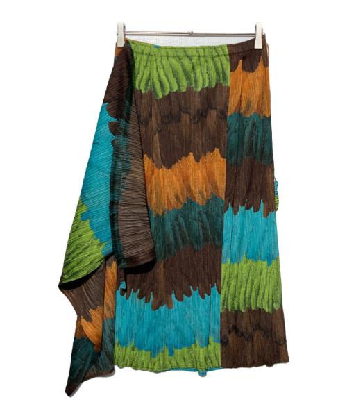 PLEATS PLEASE（プリーツプリーズ）PLEATS PLEASE (プリーツプリーズ) フェザーマルチカラープリーツラップスカート ブラウン×ブルー サイズ:5の古着・服飾アイテム