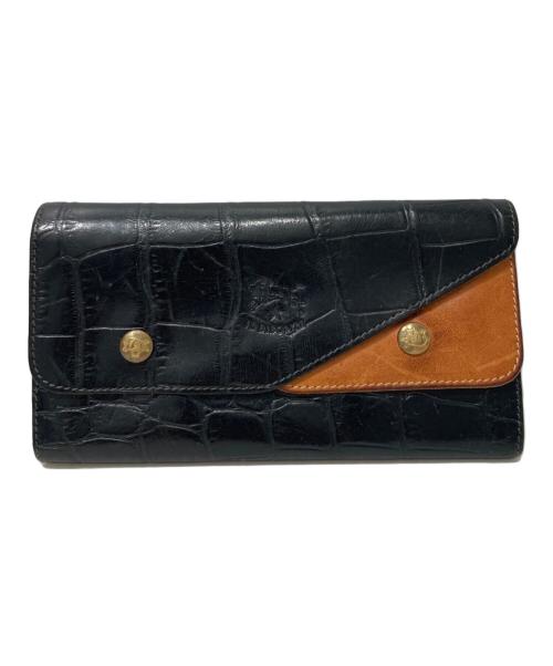 IL BISONTE（イル ビゾンテ）IL BISONTE (イル ビゾンテ) ダブルフラップ型押しロングウォレット ブラック×ブラウンの古着・服飾アイテム