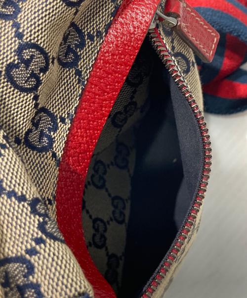 GUCCI（グッチ）GUCCI (グッチ) GG柄ウエストバッグ ネイビー×ベージュ×レッドの古着・服飾アイテム