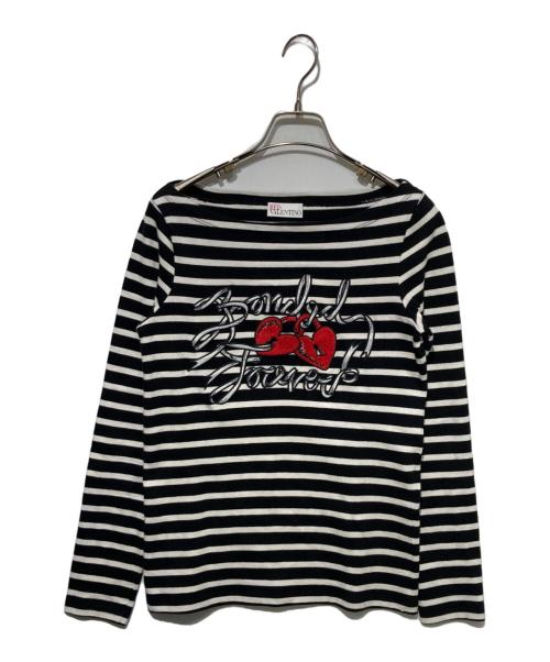 RED VALENTINO（レッドヴァレンティノ）RED VALENTINO (レッドヴァレンティノ) 刺繍ボーダーカットソー ブラック×ホワイト サイズ:Sの古着・服飾アイテム