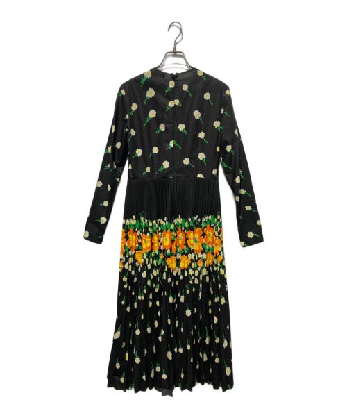 RED VALENTINO（レッドヴァレンティノ）RED VALENTINO (レッドヴァレンティノ) フラワープリントプリーツワンピース ブラック×イエロー サイズ:38の古着・服飾アイテム