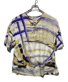 HERALBONY（ヘラルボニー）の古着「「ももこ」リネンブラウス」｜イエロー×パープル