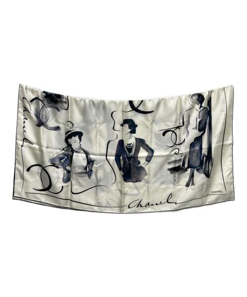 CHANEL（シャネル）CHANEL (シャネル) イラストデザイン大判スカーフ ブラック×ホワイトの古着・服飾アイテム