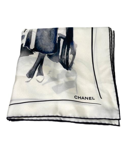 CHANEL（シャネル）CHANEL (シャネル) イラストデザイン大判スカーフ ブラック×ホワイトの古着・服飾アイテム