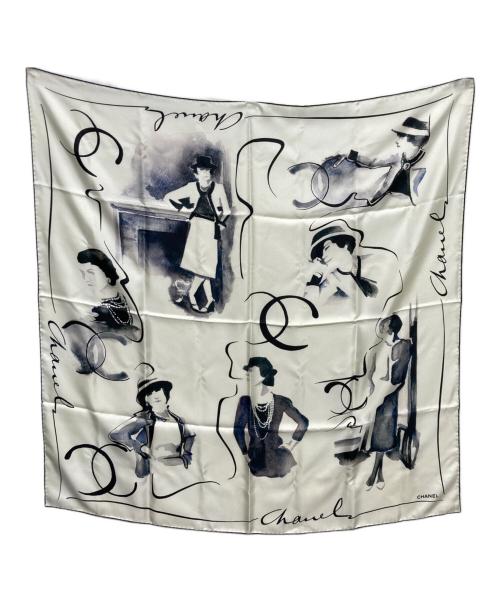 CHANEL（シャネル）CHANEL (シャネル) イラストデザイン大判スカーフ ブラック×ホワイトの古着・服飾アイテム