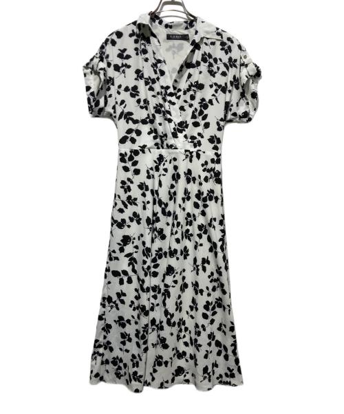 LAUREN RALPH LAUREN（ローレンラルフローレン）LAUREN RALPH LAUREN (ローレンラルフローレン) 24SS リーフプリントベルテッドクレープドレス ホワイト×ブラック サイズ:2の古着・服飾アイテム