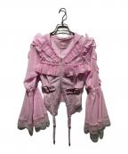 AVENCHUMUアバンチュウム）の古着「Flared sleeve ribbon and frill zip tops」｜ピンク