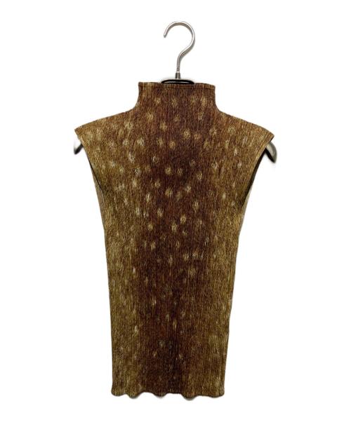 PLEATS PLEASE（プリーツプリーズ）PLEATS PLEASE (プリーツプリーズ) 転写プリントノースリーブカットソー ブラウン サイズ:3の古着・服飾アイテム