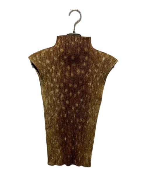 PLEATS PLEASE（プリーツプリーズ）PLEATS PLEASE (プリーツプリーズ) 転写プリントノースリーブカットソー ブラウン サイズ:3の古着・服飾アイテム