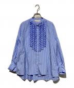 MARILYN MOONマリリンムーン）の古着「タックフリルストライプブラウス」｜ブルー