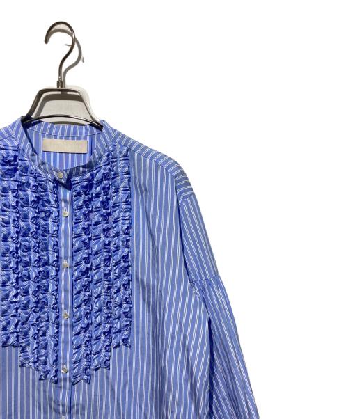 MARILYN MOON（マリリンムーン）MARILYN MOON (マリリンムーン) タックフリルストライプブラウス ブルー サイズ:　の古着・服飾アイテム