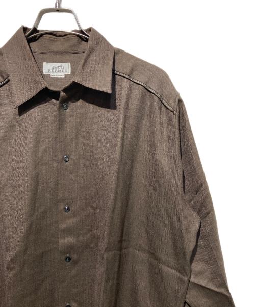 HERMES（エルメス）HERMES (エルメス) レザーパイピングウールシャツ ブラウン サイズ:17-43の古着・服飾アイテム