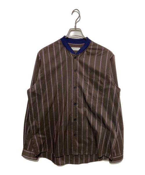TOMORROW LAND（トゥモローランド）TOMORROW LAND (トゥモローランド) ローンストライプ リブカラーシャツ ブラウン サイズ:Lの古着・服飾アイテム