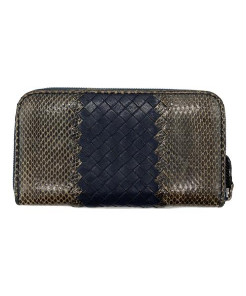 BOTTEGA VENETA（ボッテガベネタ）BOTTEGA VENETA (ボッテガベネタ) イントレチャート切替ラウンドジップウォレット ベージュ×ネイビーの古着・服飾アイテム