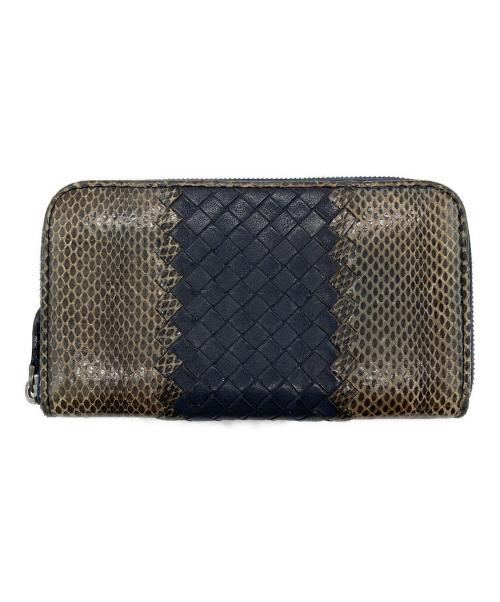 BOTTEGA VENETA（ボッテガベネタ）BOTTEGA VENETA (ボッテガベネタ) イントレチャート切替ラウンドジップウォレット ベージュ×ネイビーの古着・服飾アイテム