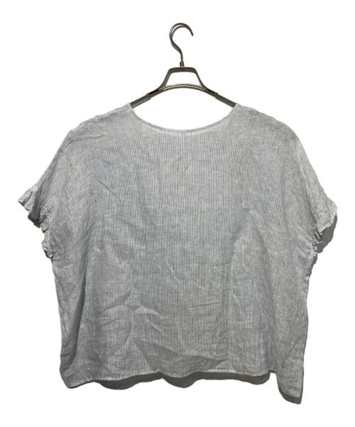 quarterly（クォータリー）QUARTERLY (クォータリー) リネンストライプフリルTOP グレー サイズ:Freeの古着・服飾アイテム