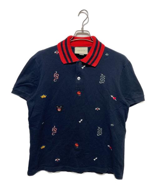 GUCCI（グッチ）GUCCI (グッチ) フロント刺繍ポロシャツ ネイビー サイズ:XLの古着・服飾アイテム