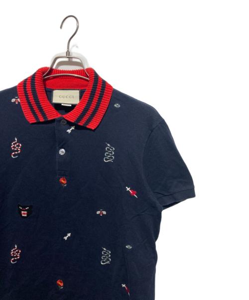 GUCCI（グッチ）GUCCI (グッチ) フロント刺繍ポロシャツ ネイビー サイズ:XLの古着・服飾アイテム