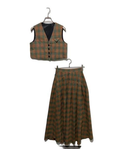 ANDREA&CO（アンドレアアンドコー）ANDREA&CO (アンドレアアンドコー) チェック柄ポケットデザインベスト&チェック柄ロングプリーツスカートセットアップ グリーン×ブラウン サイズ:Freeの古着・服飾アイテム