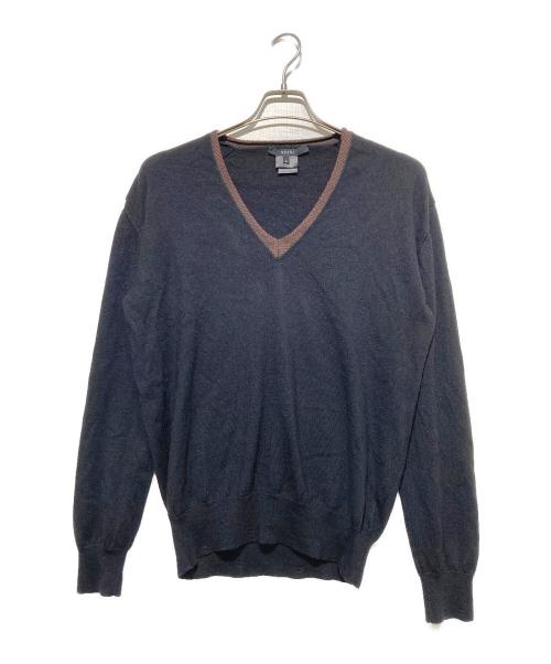 GUCCI（グッチ）GUCCI (グッチ) シルクカシミヤ混Vネックニット ブラック×ブラウン サイズ:Lの古着・服飾アイテム